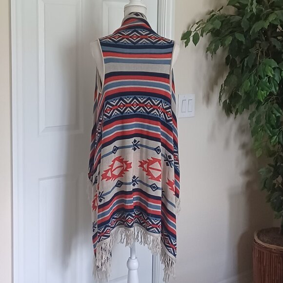 FINAL SALE Copper Key Multicolor Aztec Print Fringe Hem Cardigan Small - Picture 3 of 5